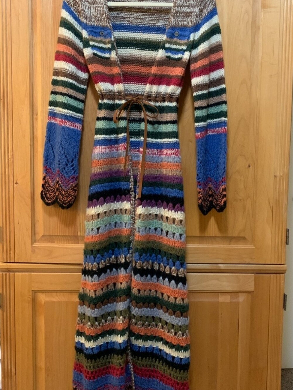 Boston Proper Sz S Multi-Color Striped Crochet Duster/Cardigan with Tie Waist